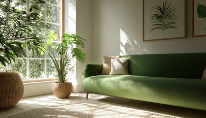 A modern living room featuring a green sofa and lush plants. This inviting space is enhanced by natural light and stylish decor, creating a serene atmosphere.