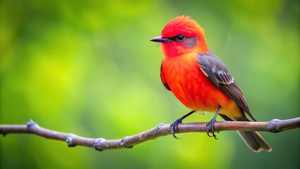Fototapeta premium Vermilion Flycatcher on tree branch against green background