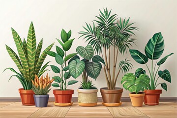Fototapeta premium Colorful Hand-Drawn Indoor Plants Collection: Monstera, Cactus, Ficus, Sansevieria, and Zamioculcas in Potted Houseplants for Home Decor