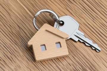 Close-up of a metal key attached to a wooden house-shaped keychain, symbolizing home ownership or real estate.