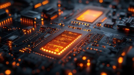 Obraz premium Close-up of a glowing circuit board showcasing electronic components.