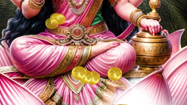 Lakshmi pujan - godess laxmi idol, Copper Kalash, coconut with Red accounting note book and haldi kumkum, laxmi mata ji religious goddess,