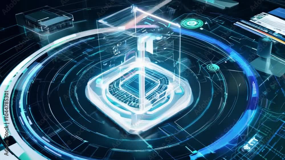 Poster transparent cube is rotating above a futuristic cpu with digital data flowing around it. the scene i
