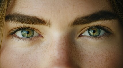 Fototapeta premium Close-up of green eyes with freckles and natural eyebrows, conveying intensity, AI