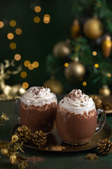 Hot chocolate with whipped cream in glass cups