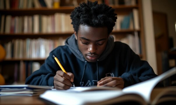 Young man studying in a library.
