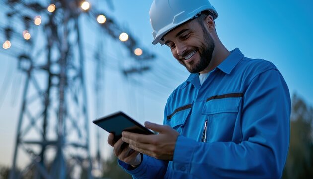 A professional electrician dressed in blue clothes and a helmet is smiling while using a tablet outdoors. The background features power lines, showcasing his engagement in the energy sector.