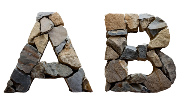 A-B Alphabet made of realistic stones broken natural rocks letters A B isolated on white background textured typography