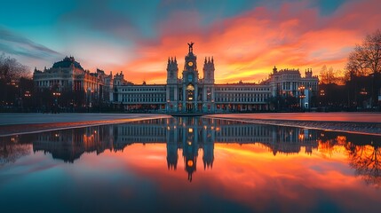Obraz premium Stunning sunset over a historic building reflected in a serene pond.