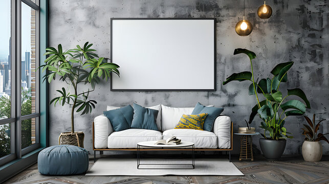 Blank wooden picture frame mockup on wall in modern interior. Horizontal artwork template mock up for artwork, painting, photo or poster in interior design