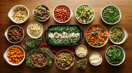 A vibrant spread of various salads and dishes showcases fresh ingredients, including greens, vegetables, and grains, perfect for healthy meal