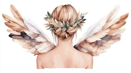 A serene illustration of a woman with angelic wings and a floral crown, embodying beauty and grace in a dreamy style.