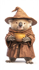 A charming koala character dressed as a wizard complete with a hooded robe and a mystical bowl evokes a sense of magic and wonder