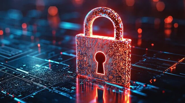 Cyber security concept with a padlock hologram.