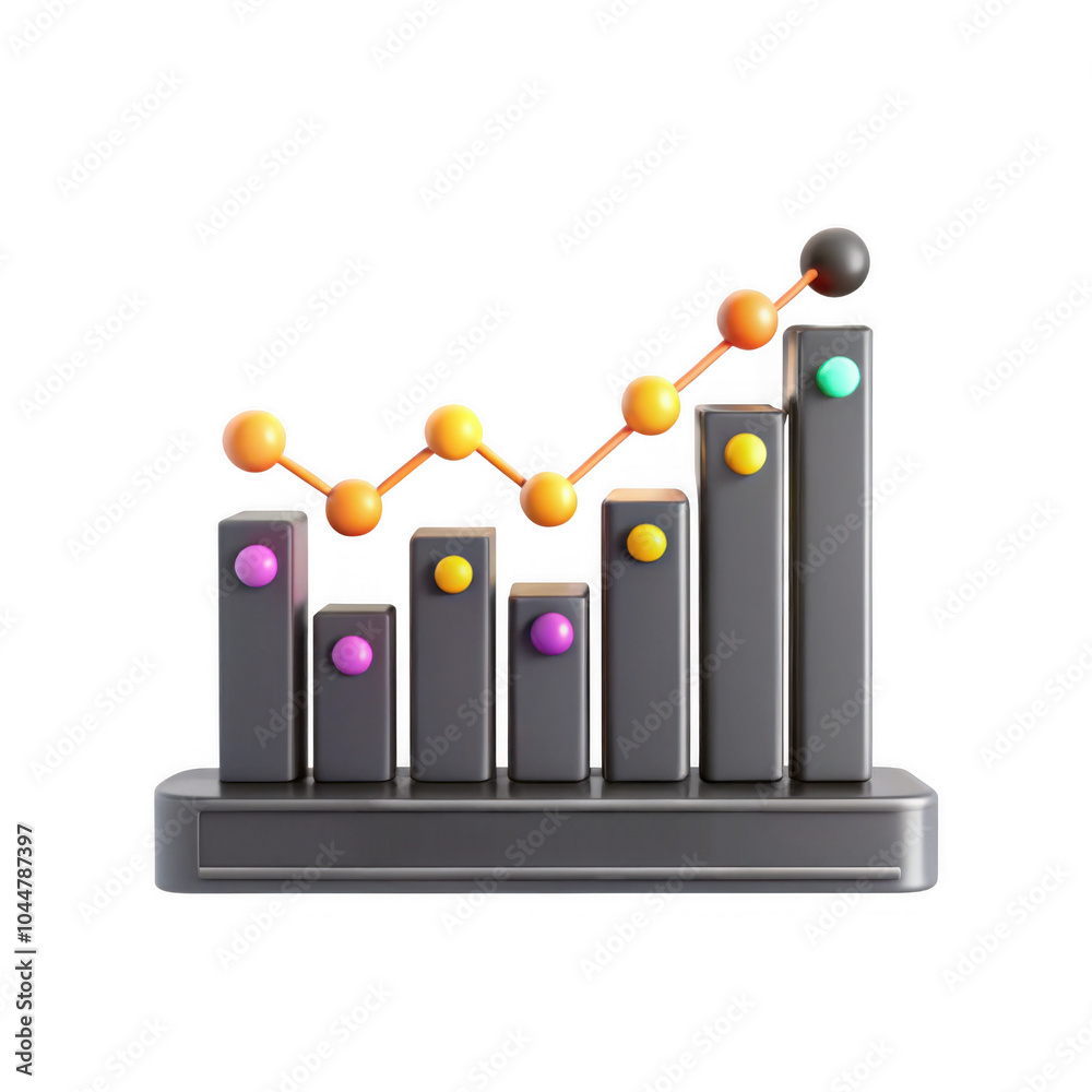 Poster this 3d render features a bar graph with colorful spheres representing data points. it symbolizes gr