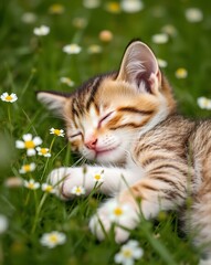 The kitten sleeps on the grass filled with small flowers