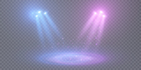 Spotlight with bright blue and pink light glare for lighting stages and stadium podiums. Light projection studio beams for lighting concert stages, club shows. Vector © Valeriia