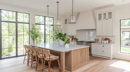 Fototapeta premium A modern kitchen featuring spacious island with bar stools, large windows allowing natural light, and stylish cabinetry. greenery adds refreshing touch to elegant design
