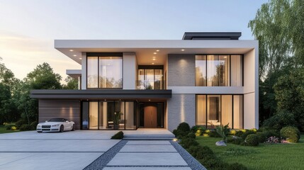 Fototapeta premium Modern house with large windows, landscaped garden, and driveway.
