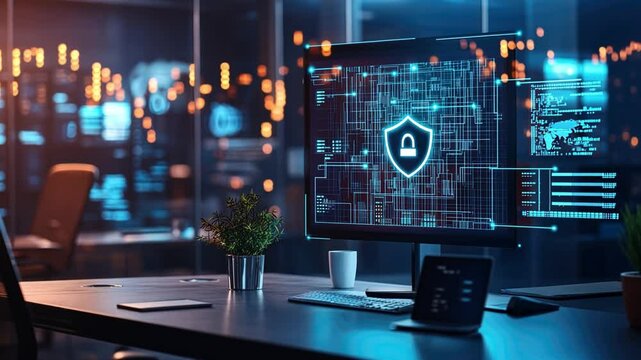 Modern office background with a focus on cyber security.