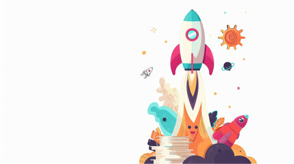 colorful abstract illustration of rocket launching from stack of ideas, surrounded by planets and stars, symbolizing creativity and innovation