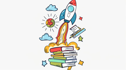 colorful illustration of rocket launching from stack of books, symbolizing creativity and ideas. scene includes clouds, stars, and planet, evoking sense of adventure and inspiration