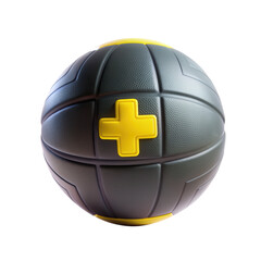 A 3D model of a textured black and yellow medical ball with a plus sign, isolated on a transparent background, showcasing versatile design.