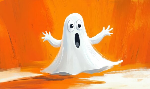 A white ghost with large eyes on orange background.