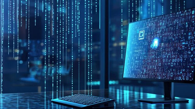 Modern office background with a focus on cyber security.