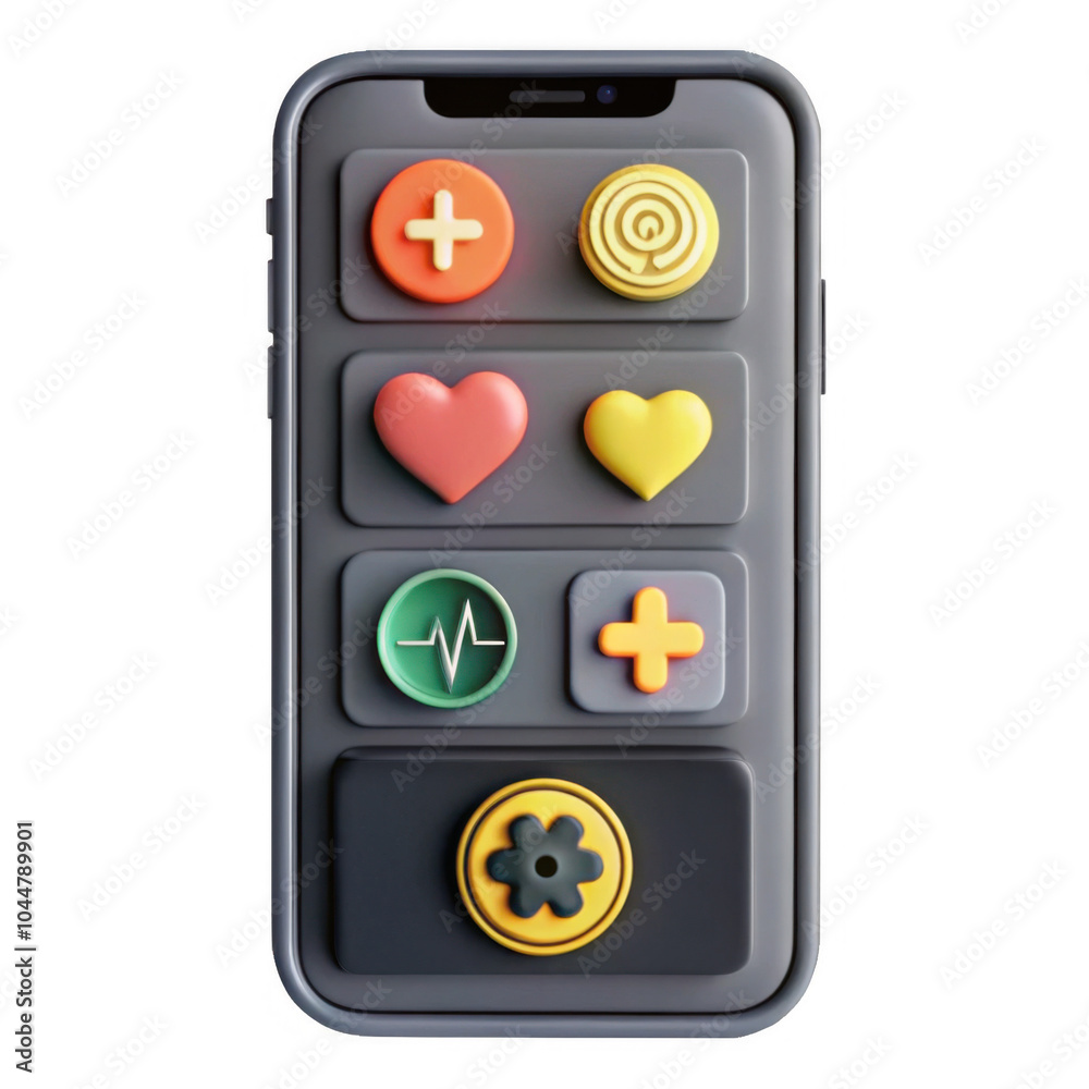 Poster a colorful 3d rendering of a phone screen featuring vibrant buttons showcasing various icons like he