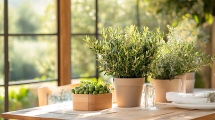 A serene indoor setting featuring potted plants on wooden table, with sunlight streaming through large windows, creating peaceful atmosphere. greenery adds touch of nature to space