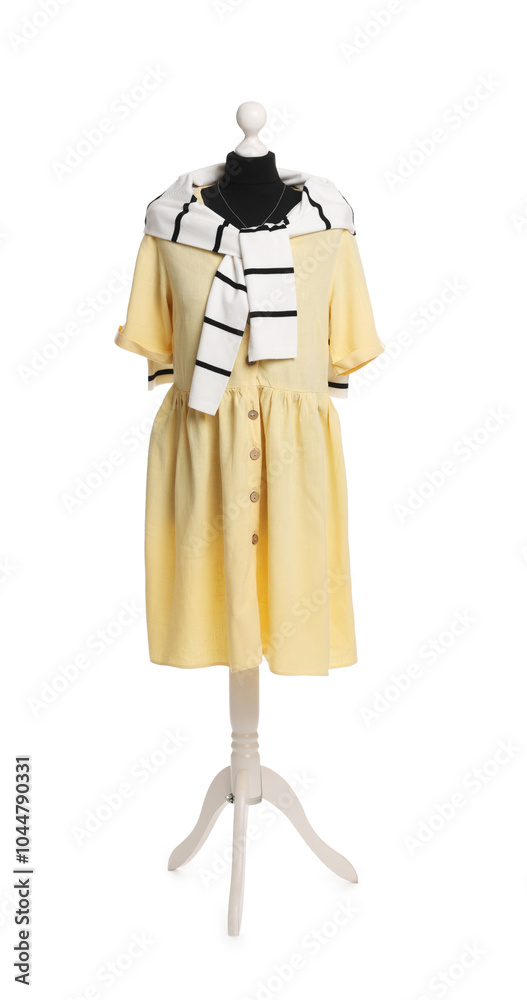 Poster Female mannequin with stylish yellow dress and striped jumper isolated on white