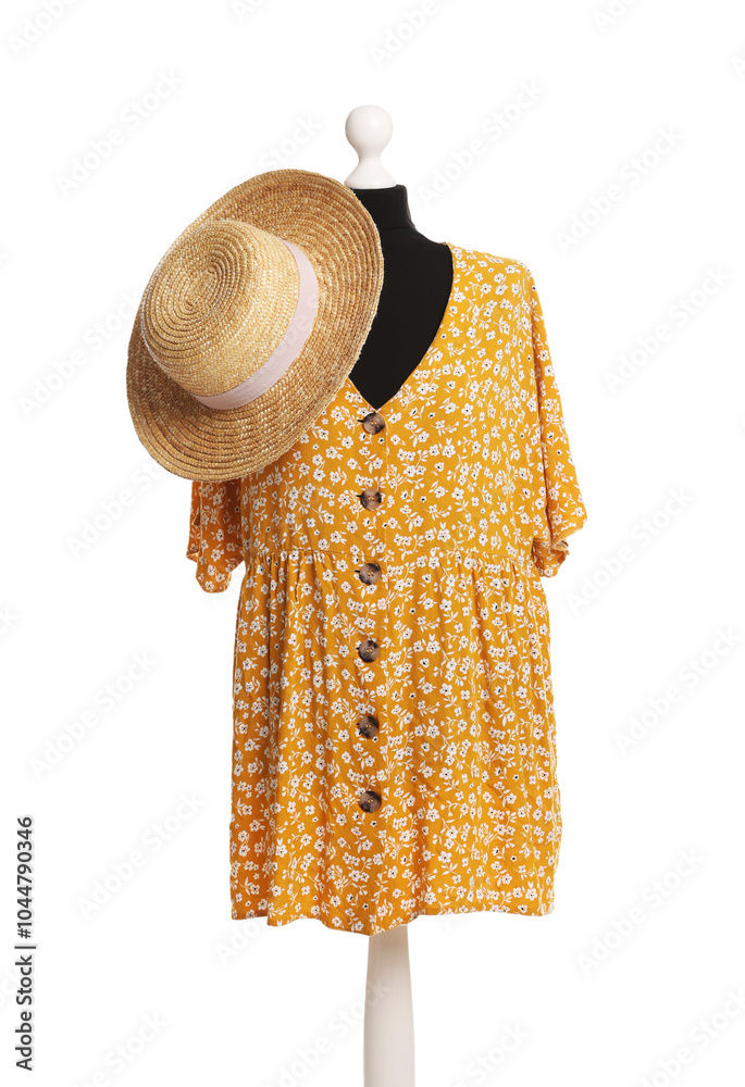 Canvas Prints Female mannequin with stylish yellow dress and straw hat isolated on white