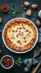 Indulge in a warm baked pastry, perfectly topped with a crunchy layer of nuts for a delightful treat.