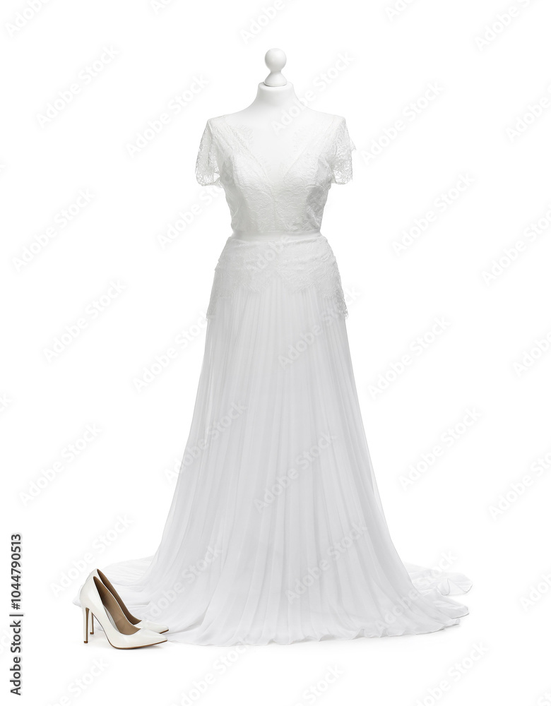 Canvas Prints Mannequin with beautiful wedding dress and shoes isolated on white