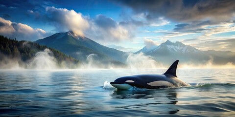 Silhouette Orca whale surfacing in ocean with misty coastal background