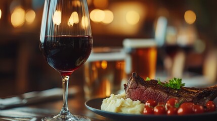 A blurred pub background, a rack of lamb with mashed potatoes and cherry tomatoes, a glass of red wine, and craft beers during a steakhouse supper.