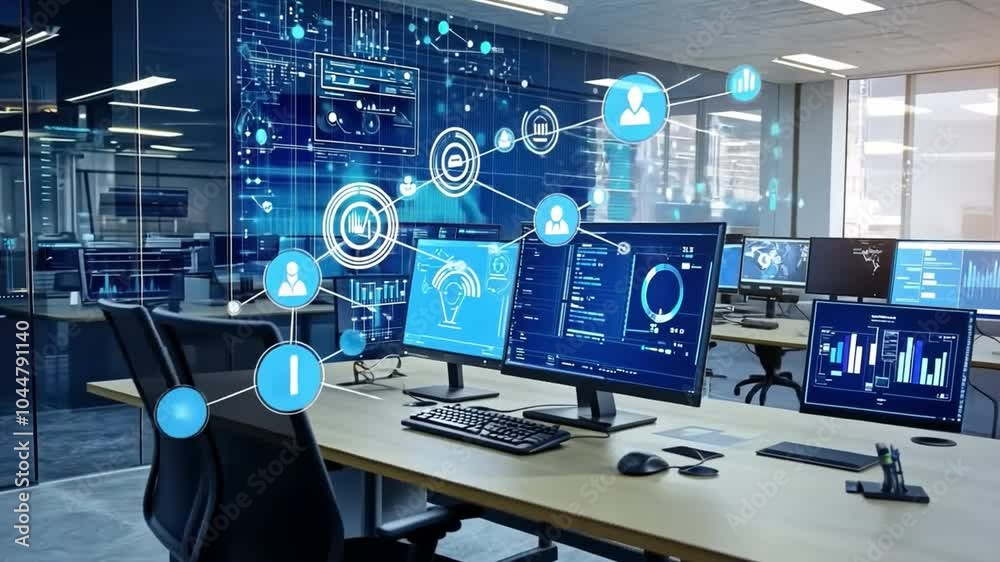 Wall mural monitoring office with it specialists and digital communication systems.