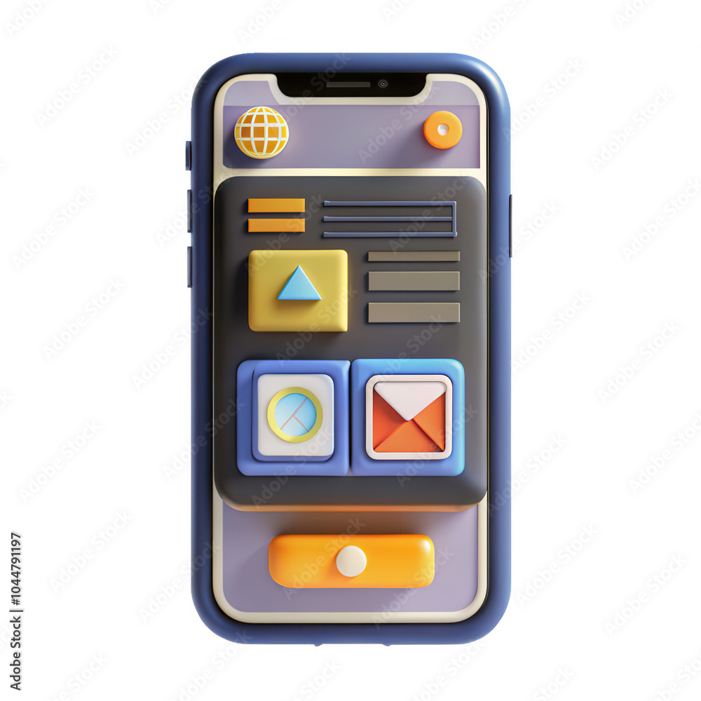 Poster a vibrant 3d render of a mobile phone showcasing a colorful user interface with various shapes and b