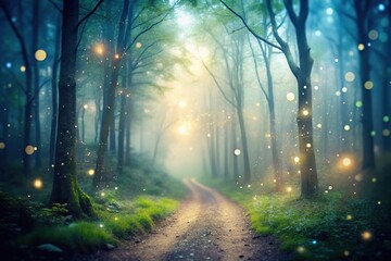 Naklejka premium Serene misty forest trail with glowing particles silhouette