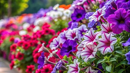 Vibrant banks of petunias and cinerarias