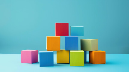 Obraz premium Colorful blocks stacked creatively against blue background, showcasing vibrant and playful arrangement. This captures essence of creativity and fun in business concept