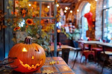 AI-generated photo with Halloween indoor decoration. On an autumn cafe background