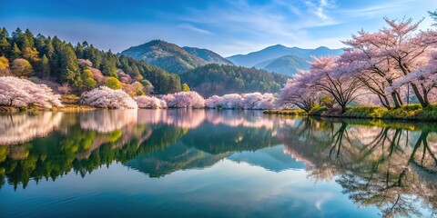 Naklejka premium Serene mountain lake with cherry blossoms reflected