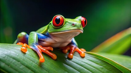 Naklejka premium Vibrant close-up of a wide-angle red-eyed tree frog in its natural habitat