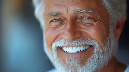 Dentist hygiene. Teeth whitening. Senior showing white teeth. Dental aged implant.
