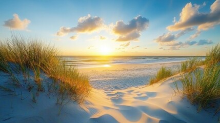 A serene sunset over a beach, framed by sand dunes and grass.