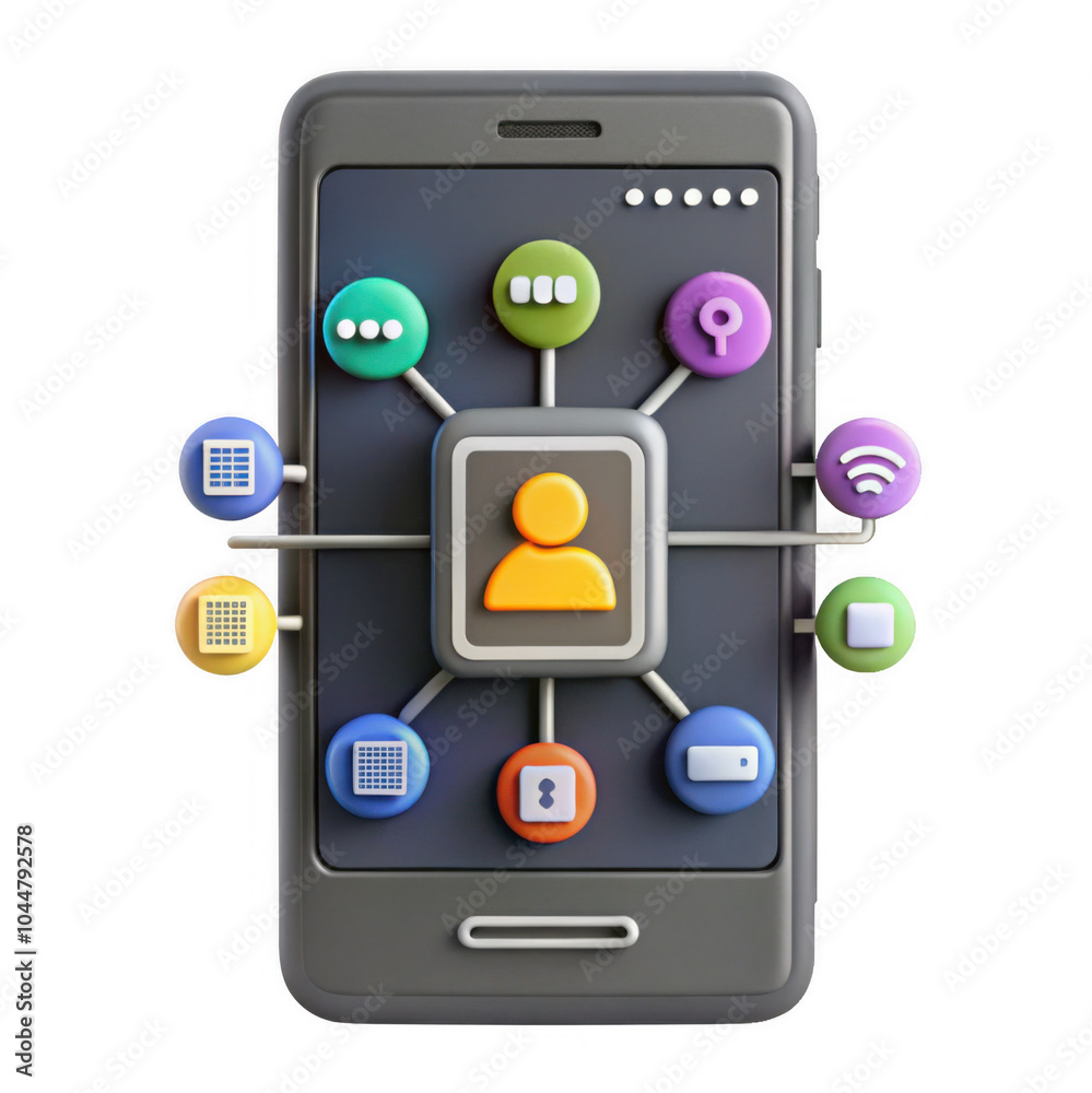 Poster A 3D render of a smartphone displaying various app icons related to communication and security features, showcasing vibrant colors.