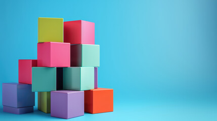 Colorful blocks stacked against vibrant blue background create playful and creative business concept. This evokes sense of innovation and fun in design