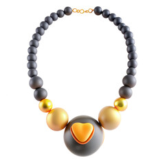 Obraz premium This image showcases a beautiful 3D necklace with black, gold, and heart-shaped elements, providing a stunning decorative piece. Perfect for fashion lovers.